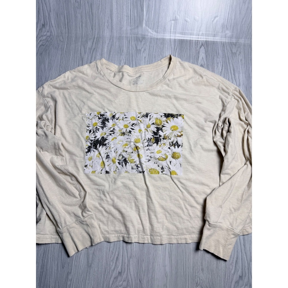 Aerie Womens Cream Daisy Floral Graphic Long Sleeve T-Shirt Relaxed Fit Medium